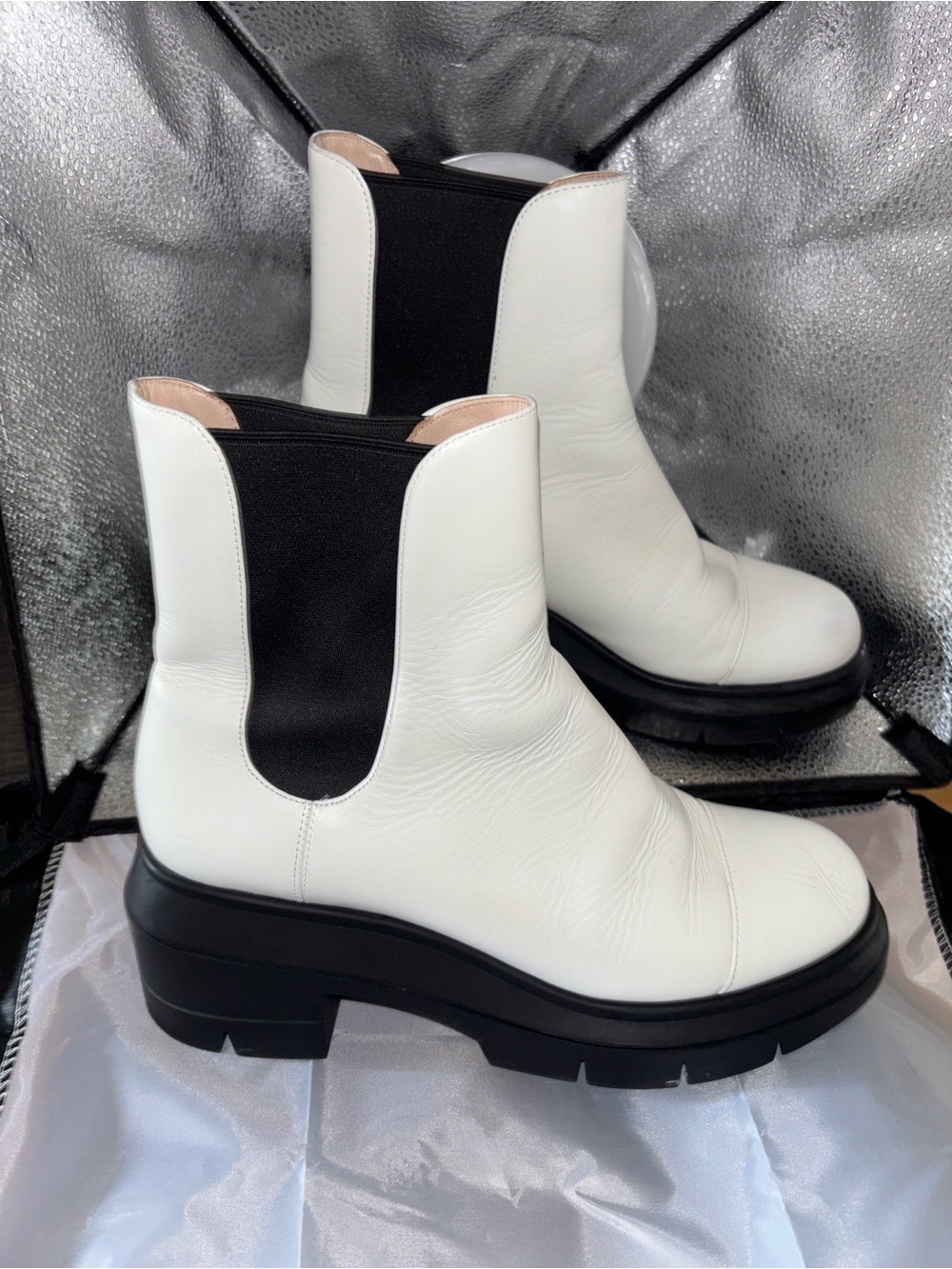 Stuart Weitzman White Leather Ankle Boots with Black Soles
